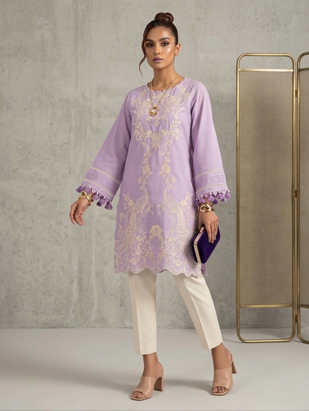Ethnc-  Lavender Embroidered Bell-Sleeve Tunic